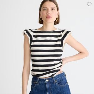 NWT J. Crew Vintage Rib Ruffle Boatneck Top in Montauk Black Stripe Medium